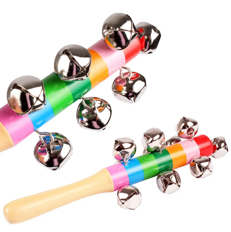 Wooden Stick 10 Jingle Bells Rainbow Hand Shake Bell Rattles Baby Kids Children Educational Toy