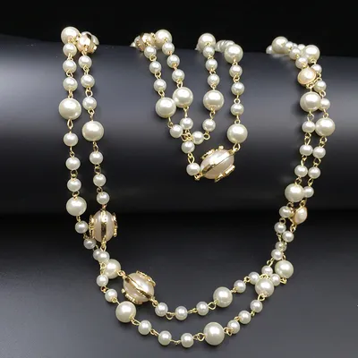 2016 Fashion Women Golden Chain Elegant Beaded Pearl Design Long Sweater Chain Stainlaces Strands/Strings Hishaft Gift