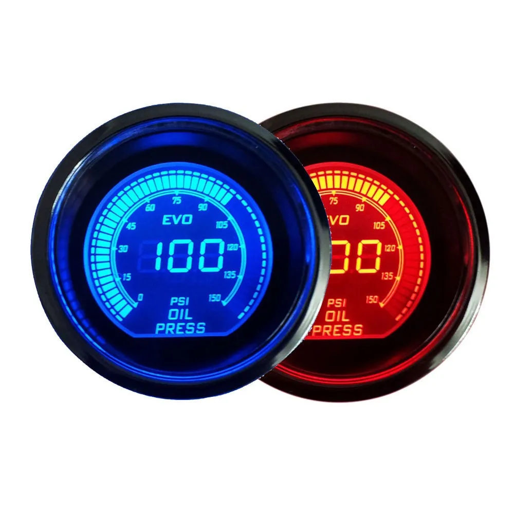 Hot 2 Zoll 52mm Öl-Druckmessgerät 12V blaue rote LED-Licht-Tönungslinse LCD-Bildschirm Auto Digital-Zähler schwarz Universal