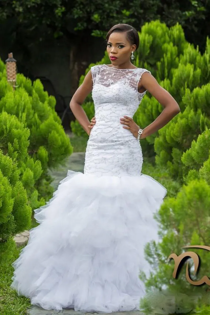 Tiered lace mermaid on sale wedding dress with beading