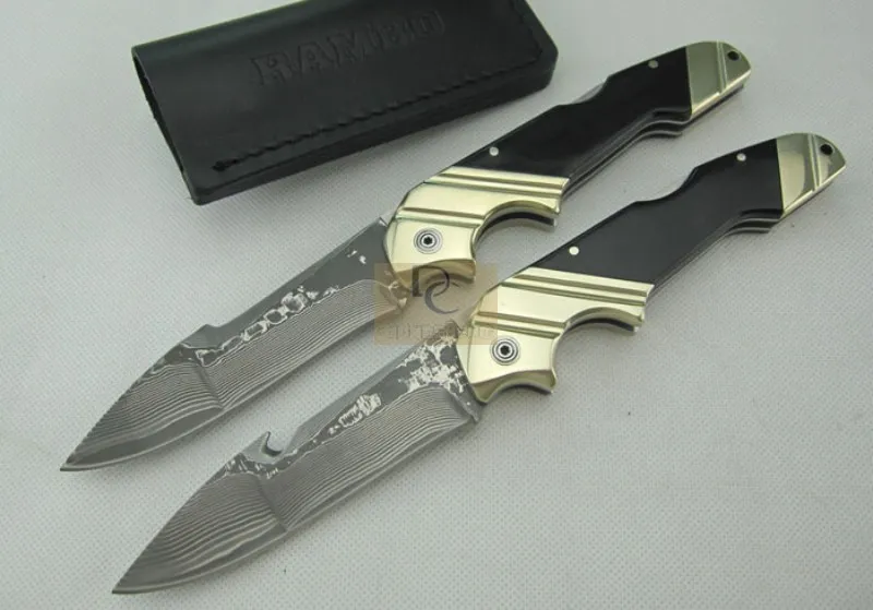 RAMBO DK044 GROOT vouwmes 100% handgemaakt Damascus stalen blad messing + hoorn handvat met lederen huls voor het opzoeken van camping EDC-tool