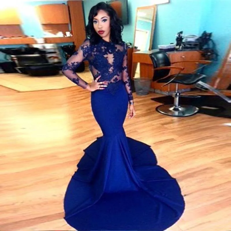 Mermaid Royal Blue Prom Dresses lange mouw sexy o-neck kanten applique vloer lengte stretch satijn ritssluiting terug formeel avond feestjurk