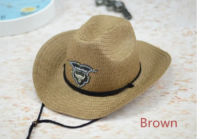 New Western Rodeo Cowboy Brown Halm Hat Studded Leather Bull Band Unisex Sun Beach Hat för män Kvinnor 6st / Lot Gratis frakt