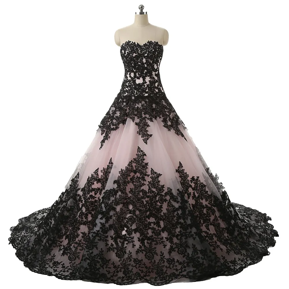 Blushing Pink Black Gothic Ball Gown Wedding Dresses Sweetheart Lace Appliques Vintage Bridal Gowns Non White Wedding Colorful