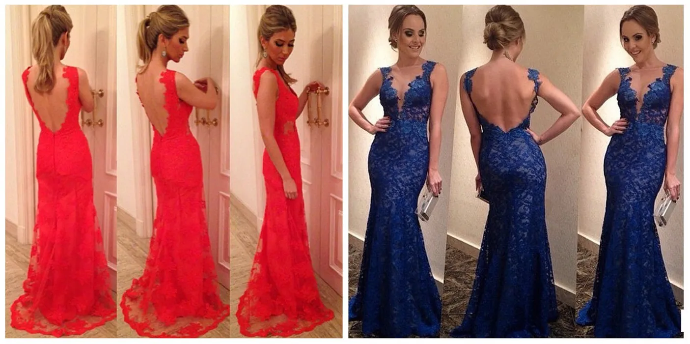 Evening Dress V-Neck Long Sleeve Backless High Quality Custom Made Mermaid Royal Blue Lace Formal Floor Length Sexy Fashion Long Prom Gowns