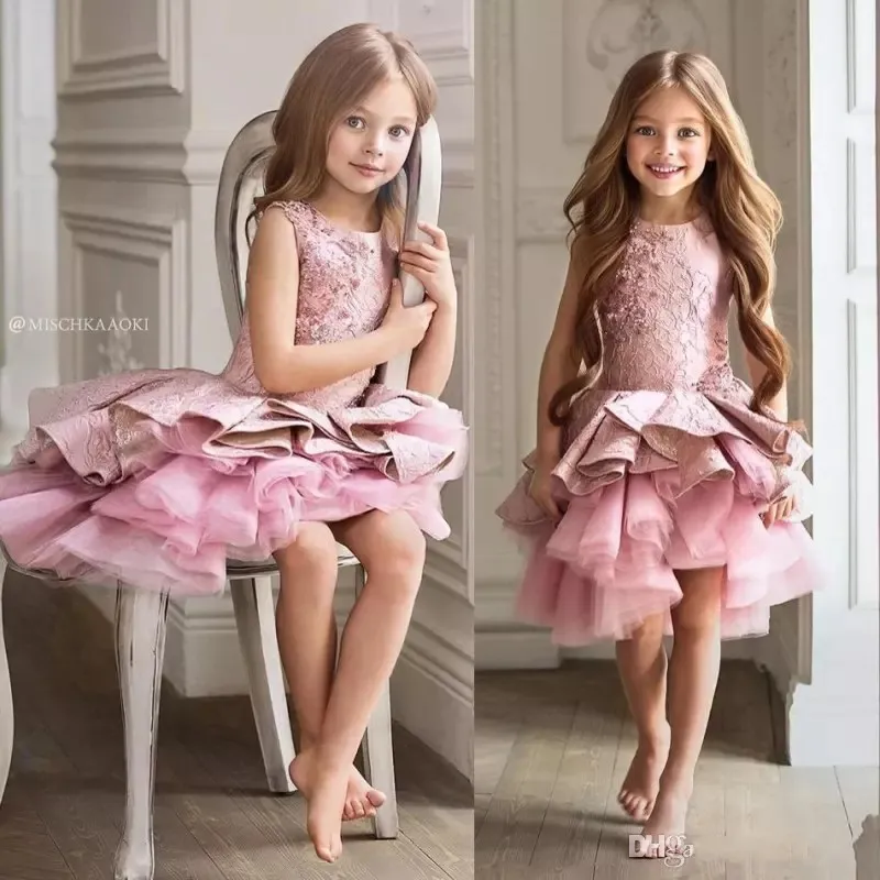 Розовый кристалл цветок девушки платья для свадьбы кружева аппликация многоуровневое оборками Принцесса платье для маленькой девочки длиной до колен старинные Pageant платья