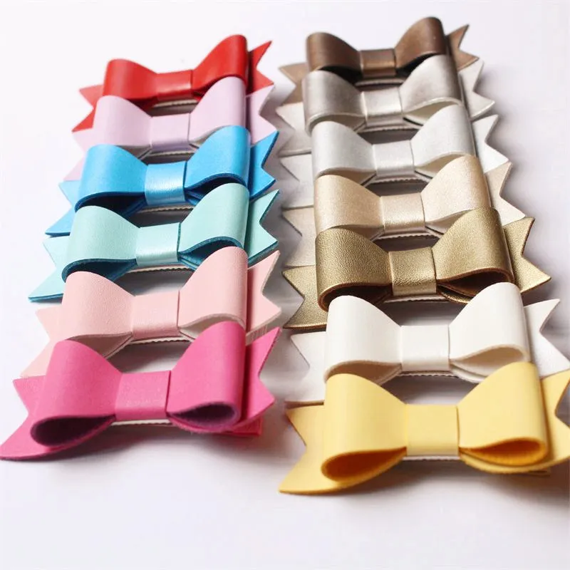 Without clips New 13 Colors PU Leather Barrettes Synthetic-Leather Bowknots Baby Girls Hotsale Felt Bowknot Baby Hairpins 50pcs/lot