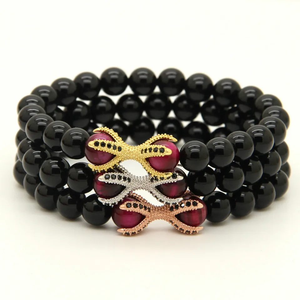 Atacado 10 pçs / lote Natural Black Onyx Pedra com Olho de Tigre Roseo Contas Micro Inlay Preto CZ Beads Eagle Claw Frisado Pulseiras