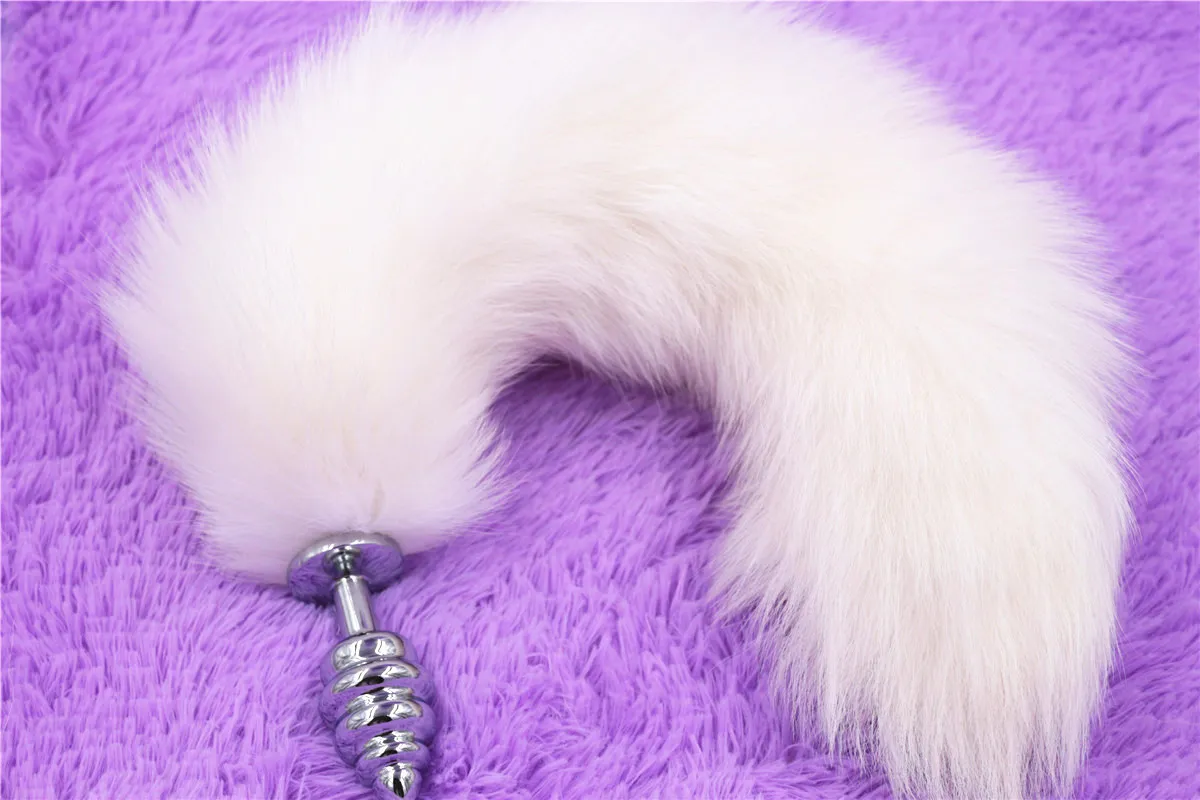 Screw plugs Fox Tail Spiral Butt Anal plug 35cm long Real Fox tails Metal Anal Sex Toy9990221