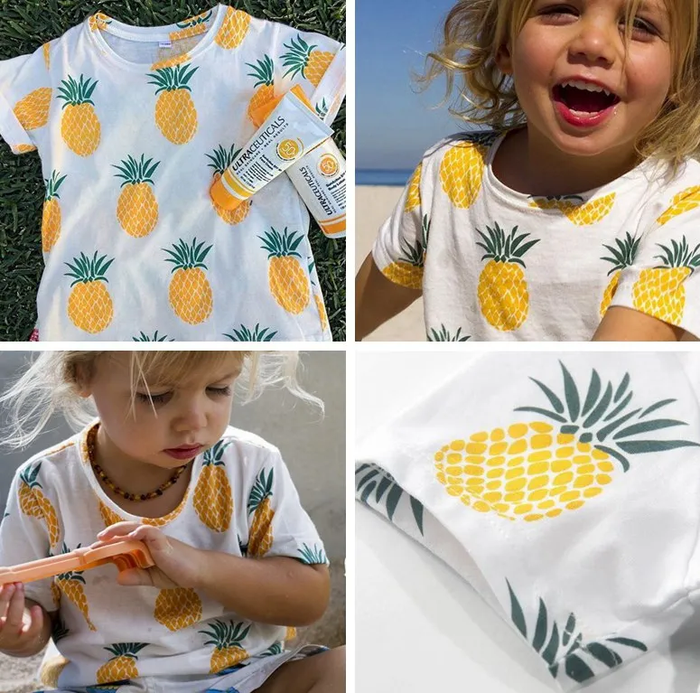 2016 novo verão crianças cheia de limão t-shirt de manga curta abacaxi impresso meninos meninas de algodão frutas camiseta crianças bebê roupas tamanho 80-120cm