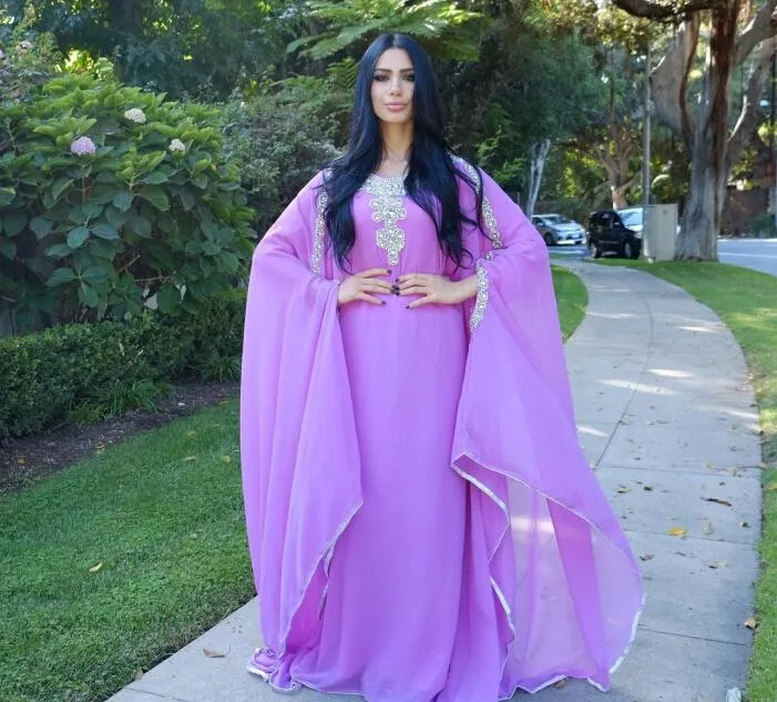 Cristais Longos Vestidos de Noite Dubai Mangas Compridas Roxo Claro Chiffon Mulheres Vestidos Formais Kaftan Muçulmano Barato Deusa Estilo Grego Vestidos