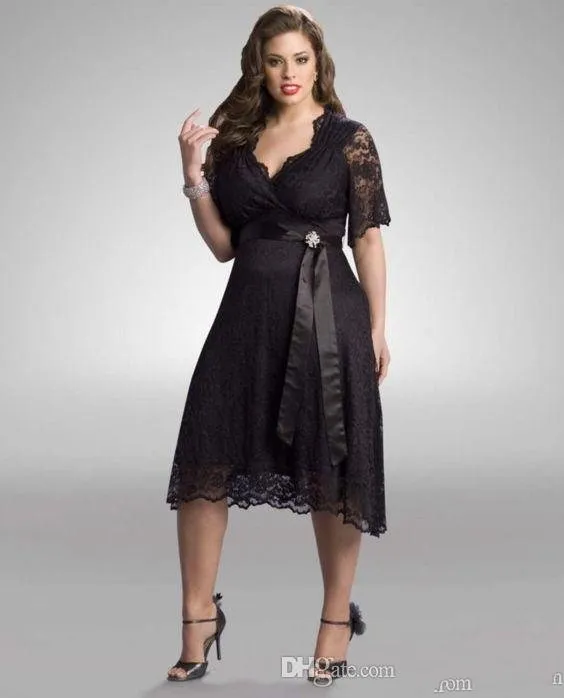 Plus Size Bridesmaid Dress Black Lace A-Line Tea Length with Half Short  Sleeves and Sash V-Neck Zipper from Dhgate Bridesmaid Dress - price 80.45