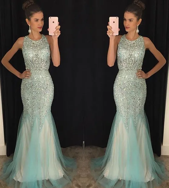 Stora Beading Girls Pageant Klänningar Hollow Back Crystals Sequins Mermaid Evening Gowns Jewel Tulle Sweep Train Sparkline Prom Dress