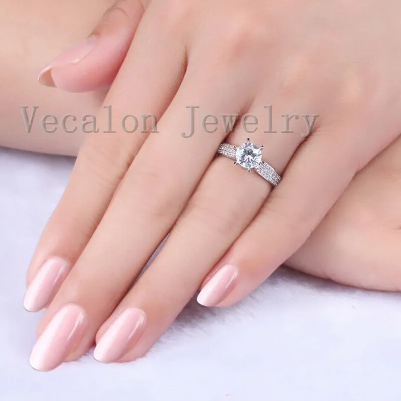 여성을위한 Vecalon 럭셔리 링 웨딩 밴드 반지 1.5ct Cz 다이아몬드 반지 925 스털링 실버 여성 약혼 손가락 반지