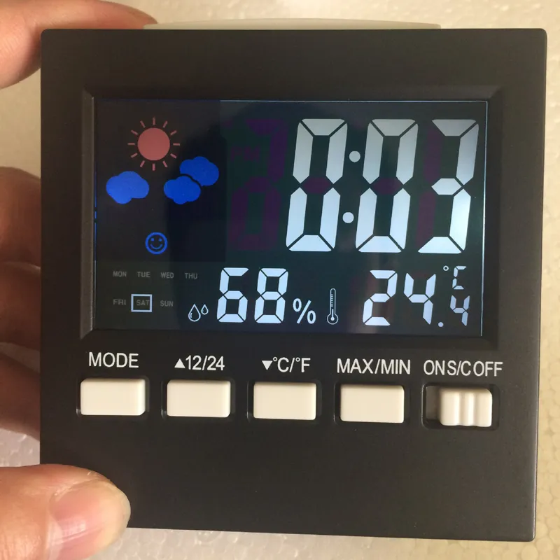 Termometro di nuovo stile Stazione meteorologica digitale Termografo uso domestico Sveglia Termometro interni multifunzione Igrometro Vendite calde HTC-1