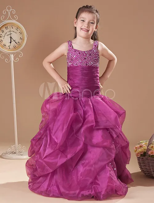Güzel Üzüm Askıları Organze Boncuk A-Line Çiçek Kız Elbise Kızın Pageant Elbiseler Prenses Tatil Etek Özel Boyut 2-14 H907040
