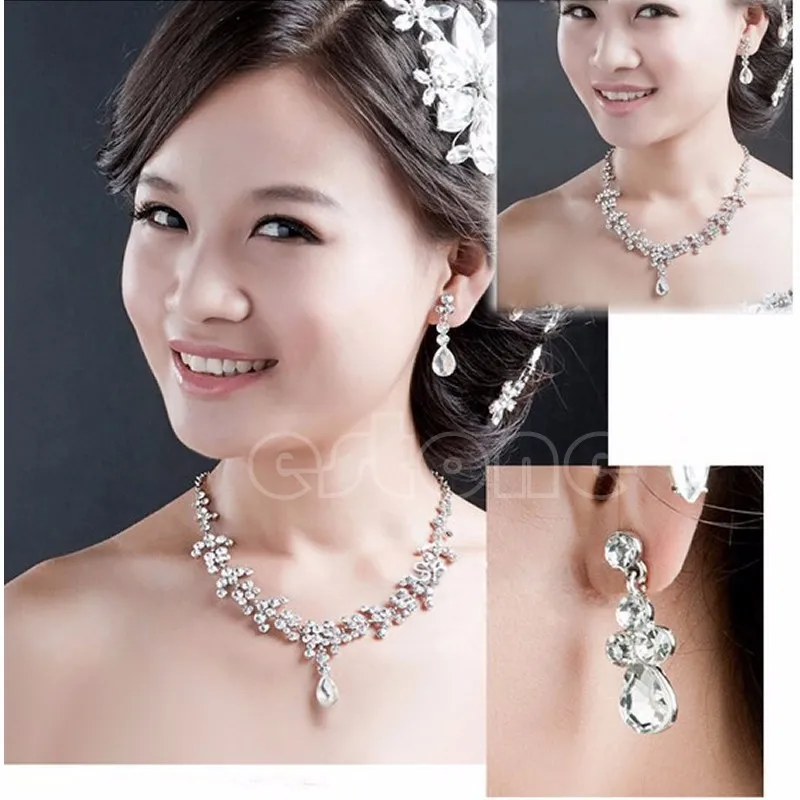 New Women Fashion Bridal Jewelry Rhinestone Crystal Drop Necklace Earring Plated Jewelry Set Ear Clip Needle Wedding Earrings Pendant
