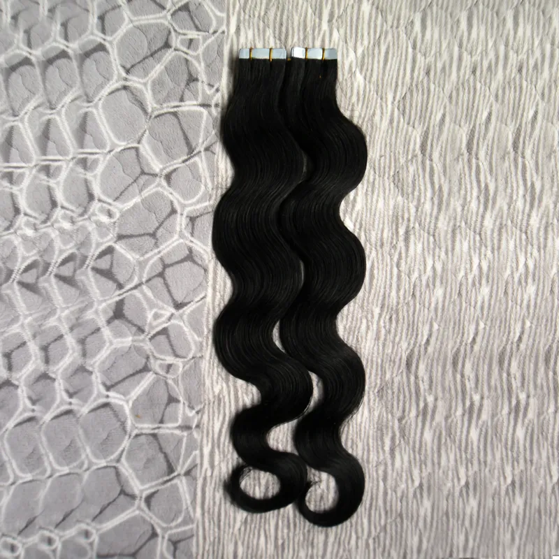 Cor #1 Jet Black Brasileiro Corpo Onda Cabelo Humano Fita Extensões de Cabelo 40 peças pu pele trama cabelo 100g fita extensões de cabelo ondulado