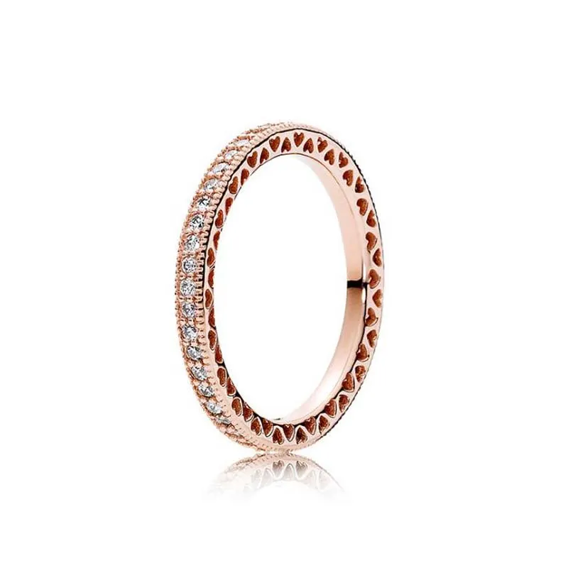 Rose Gold Plated 925 Sterling Silver Ring Hearts of European Pandora Style Smycken Charm Ring Gift