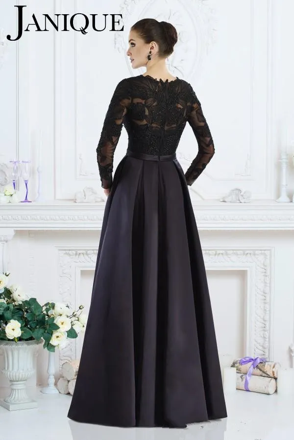 Janique 2019 preto vestido formal a-linha jóia manga longa lace frisado mãe da noiva vestidos desgaste à noite para mulheres feitos sob encomenda