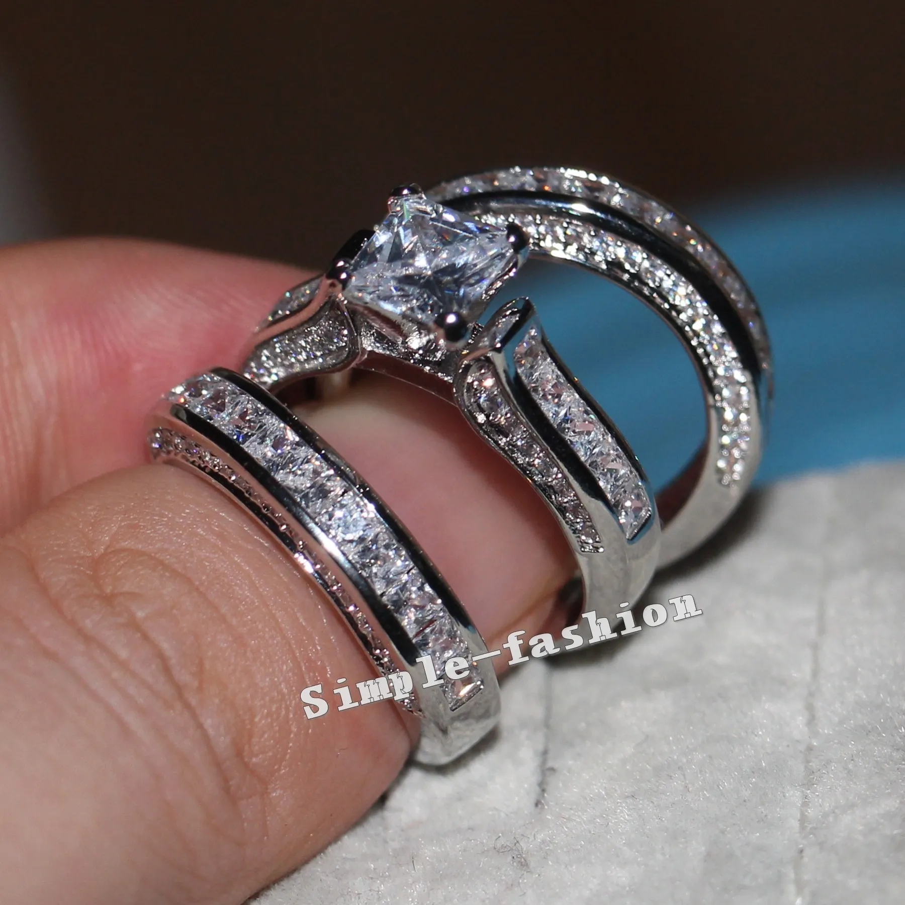 Vecalon ファインジュエリープリンセスカット 20ct Cz ダイヤモンド婚約結婚指輪リングセット女性のための 14KT ホワイトゴールド充填指リング