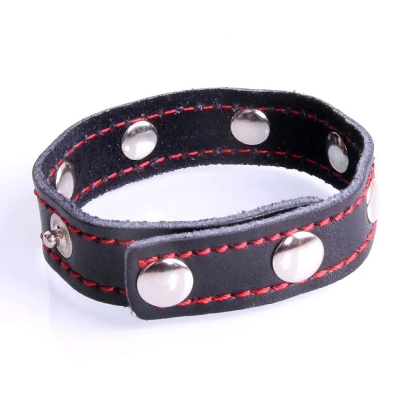 China Adjustable Size cock ring rivets penis ring genuine leather button cock ring black red line penis sleeve anneau penis sex product