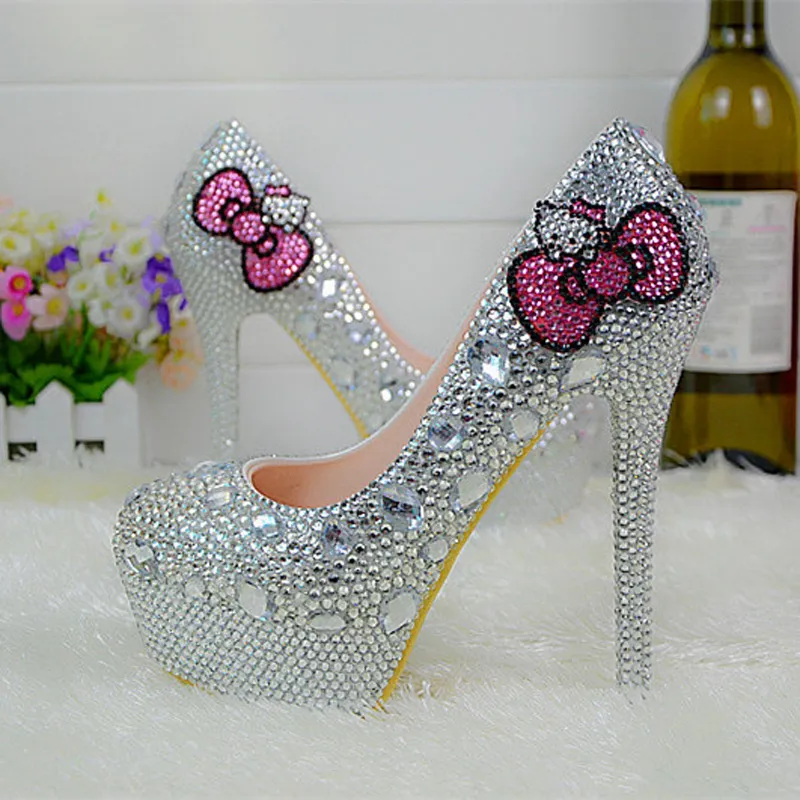 Kitty Silver Rhinestone Bridal Wedding Shoes Graudation Party Prom High Heel Shoes Formal Dress Pumps Plus Size 45