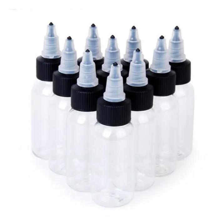 Nieuwste plastic druppelaar fles 60 ml huisdier pen vorm snavel flessen met zwarte twist off doppen voor e cig cig vloeibare sap gratis verzending dhl