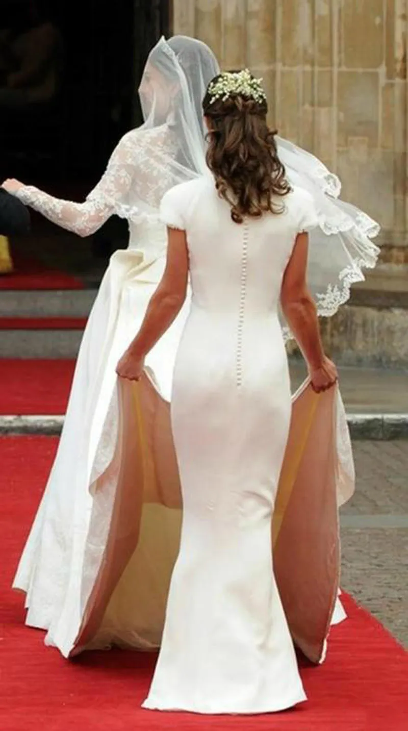 Famosos vestidos de dama de honra Pippa Middleton com decote em V Sexy Draped Deep e deslumbrante manga curta, vestido de botão coberto