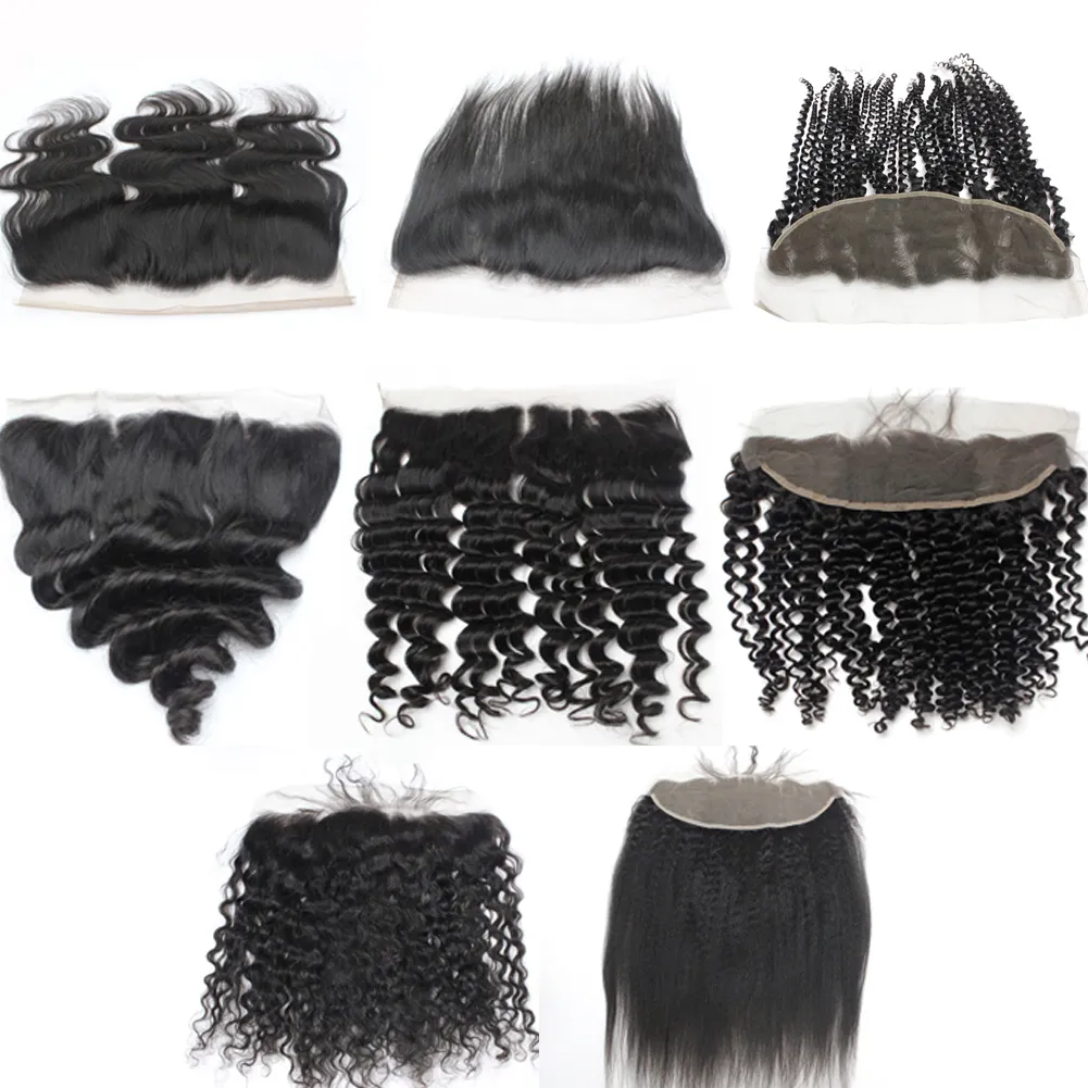 13x4 HD Lace Frontal Partihandel 8a Brasiliansk kroppsvåg lockigt rakt örat till öron stängningar 1b Virgin Human Hair