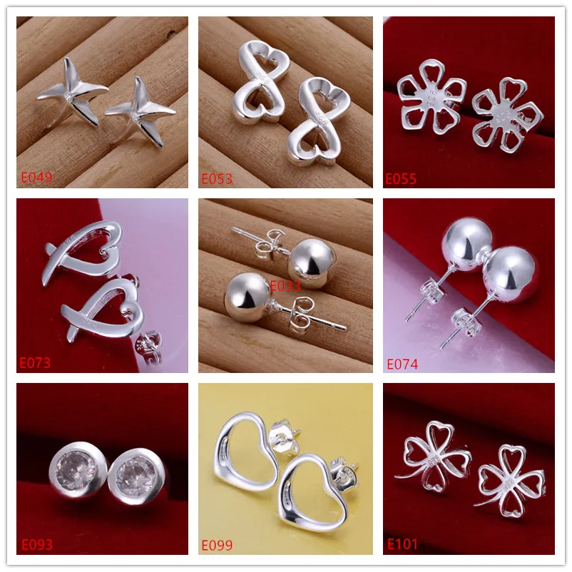 Wholesale women's sterling silver plated earring 10 pairs a lot mixed style EME2,new arrival fashion 925 silver plate stud earrings