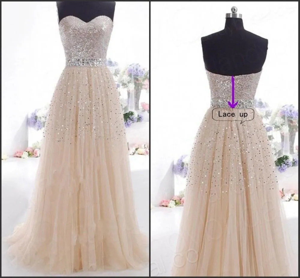 Goedkope champagne avondjurken lieverd sexy backless lovertjes kralen echte foto lace-up rugvloer lengte lange partij Prom jassen