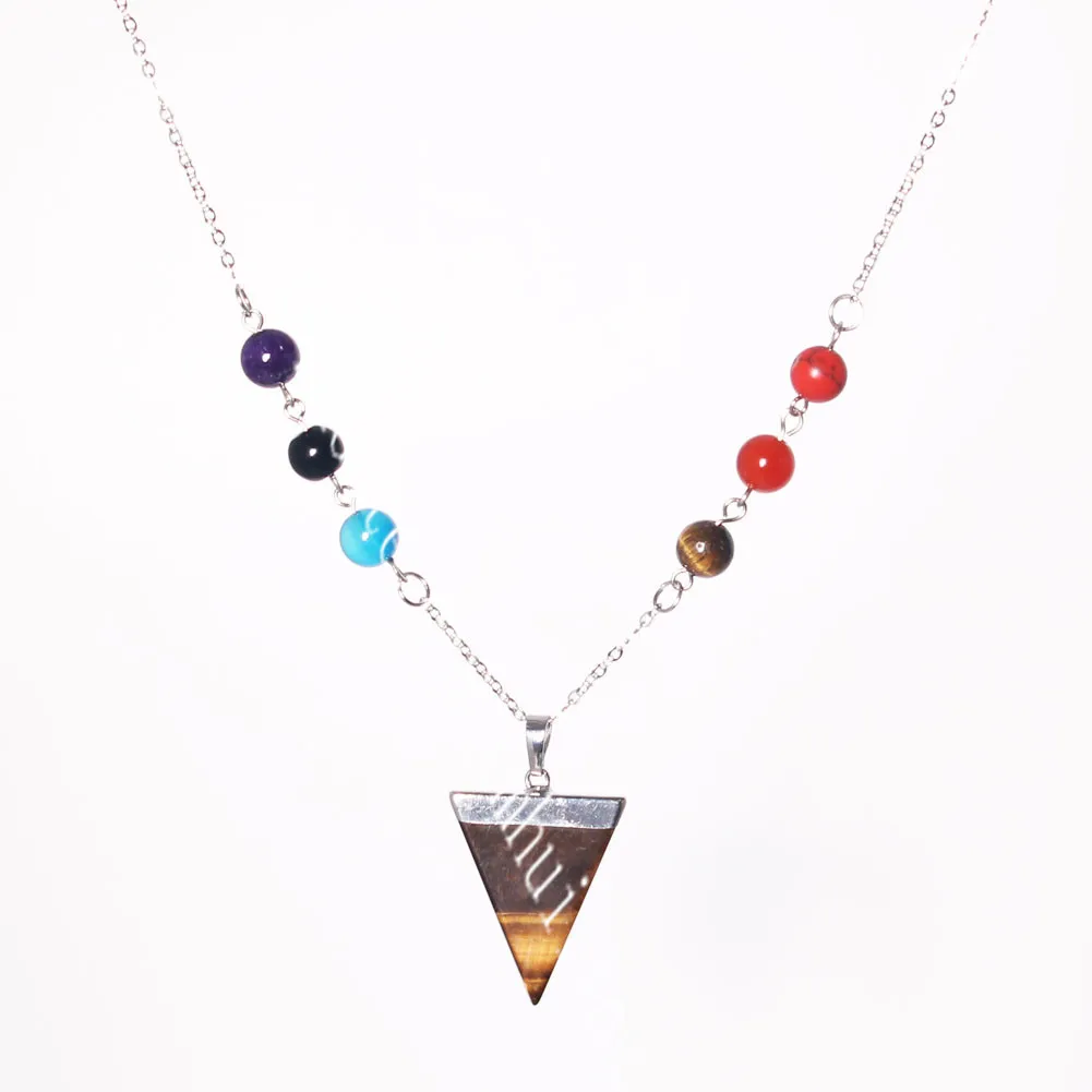 Special Seven Chakra Symbol Necklace Yoga Necklace Reiki Energy Triangle Natural Gemstone Pendant on 8MM Semi Gem Chakra Bead Chain Necklace