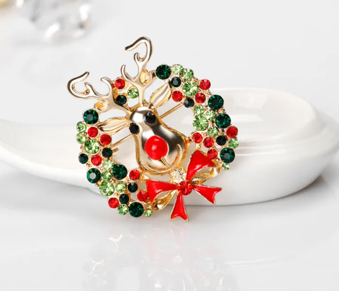 Weihnachtsbrosche mit mehrfarbigen Strass-Emaille-Bowknot-Rentier-Broschen für Frauen, Party, Weihnachtsgeschenk, Schmuck, vergoldet