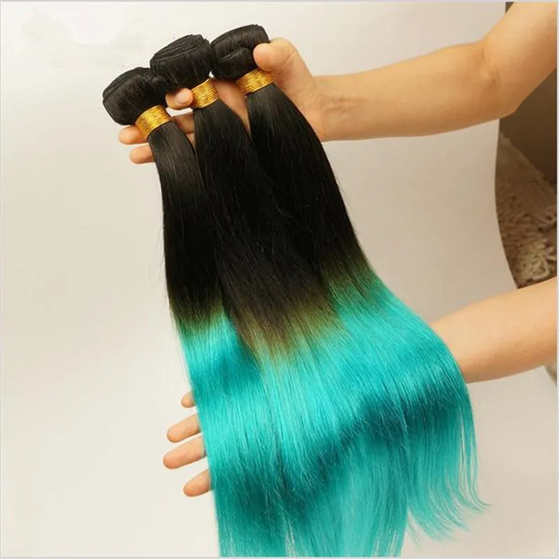 9A Peruvian 1B Teal Two Tone Human Virgin Hair Bundles Silky Straight Extensions Dark Roots Teal Green Ombre Human Hair Weaves