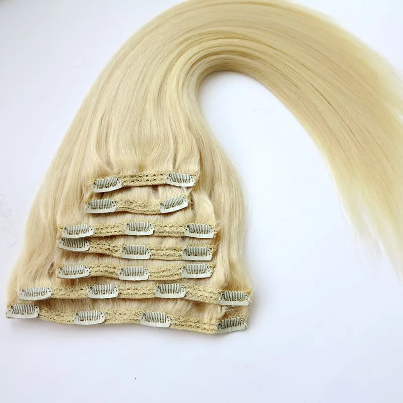 Extensions de cheveux brésiliens à clips, cheveux humains lisses, blond platine, 20 à 22 pouces, 60, 260g, 7 pièces, 3973290