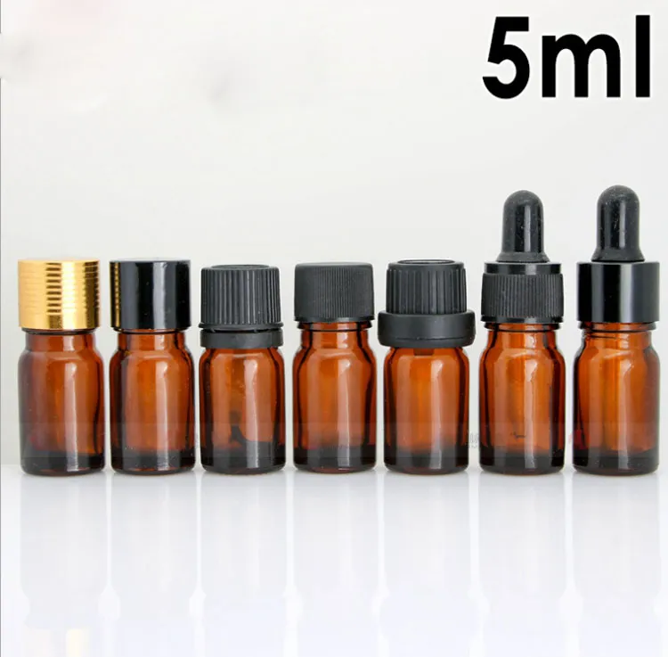 Venda quente 5ml de vidro mini garrafas Frasco de petróleo essencial Perfume Amostra Tubos Âmbar Pure vidro conta-gotas frascos 5cc com 7 tampas para escolher