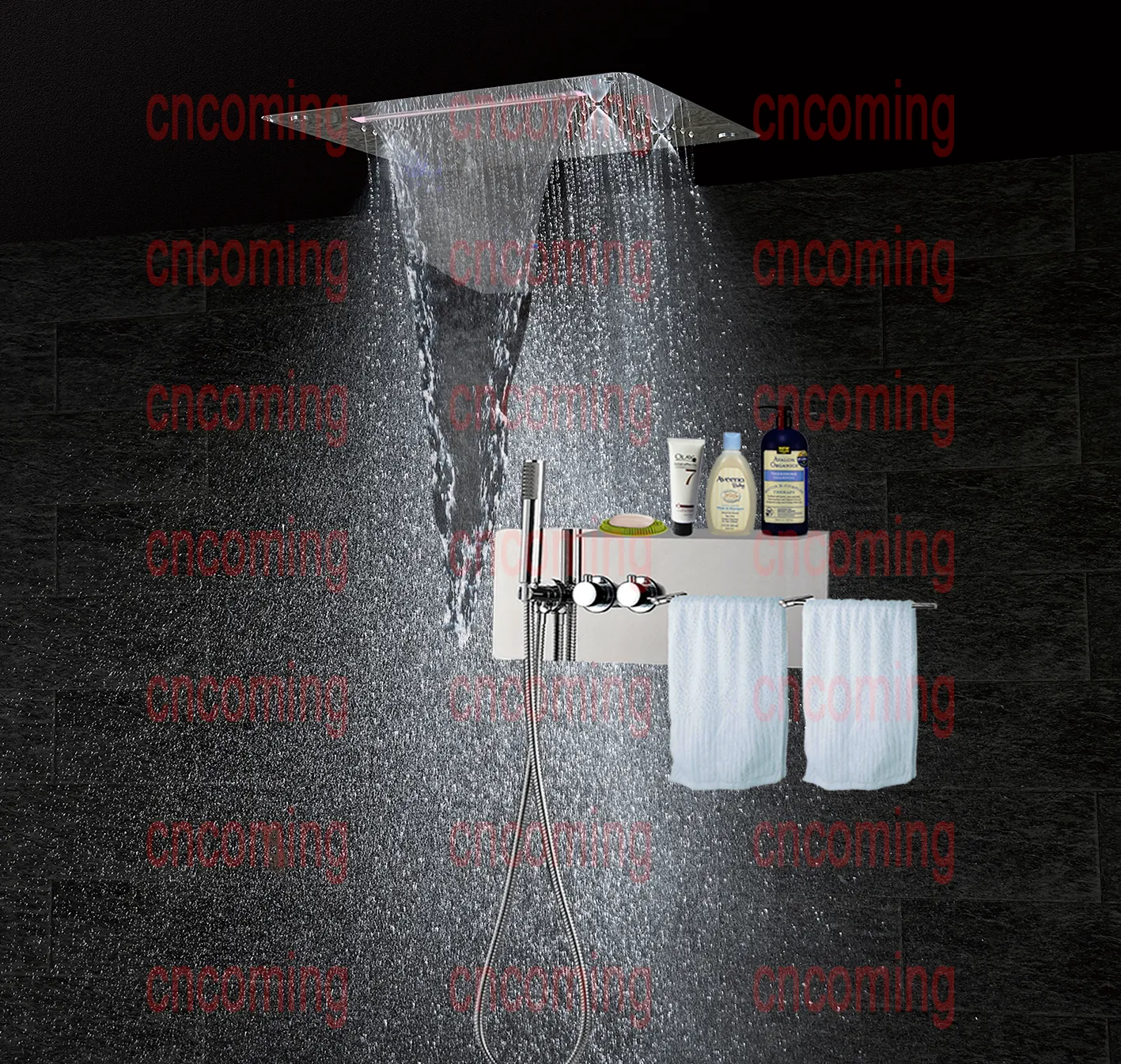 Acessórios de casa de banho Conjunto de chuveiro Painel de aço inoxidável prateleira de aço inoxidável Toalheiro LED Teto quadrado de chuva Cachoeira névoa cabeça de chuveiro JF5326