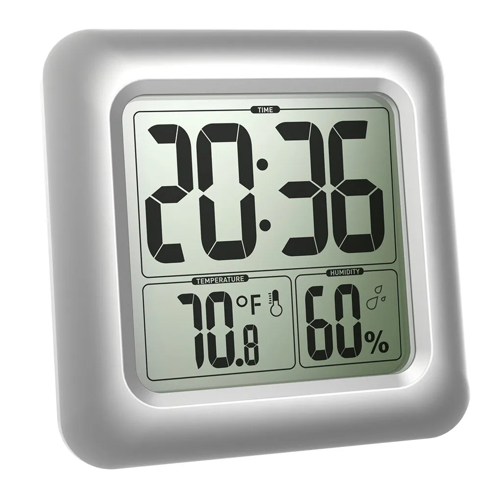 Baldr-Reloj de pared Digital para baño y cocina, resistente al agua, con pantalla grande de temperatura y humedad, color plateado