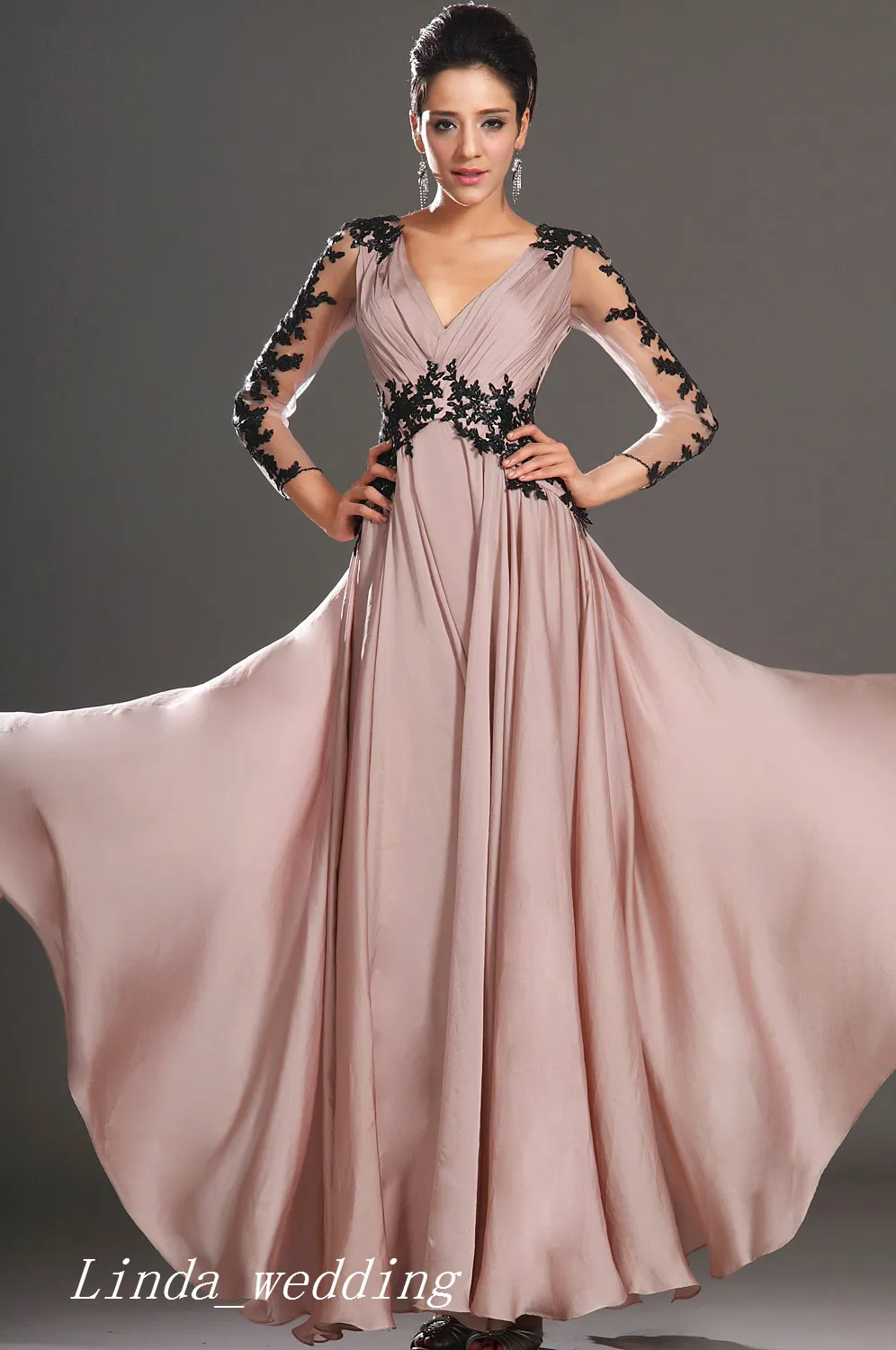 Piękna długa sukienka na studniówkę z rękawami dobra jakość V szyfry Szyfonowy formalny suknia wieczorowa suknia imprezowa 7747911