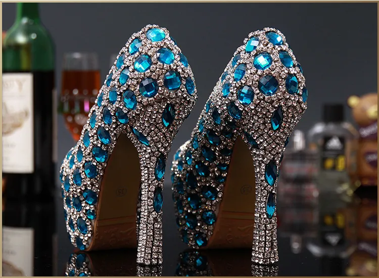 2016 wunderschöne blaue Homecoming-Schuhe für Mädchen mit hohen Absätzen, 14 cm, 12 cm, 10 cm, Bling-Bling-Kristalle, Hochzeitsschuhe für Bräute, Brautparty-Schuhe