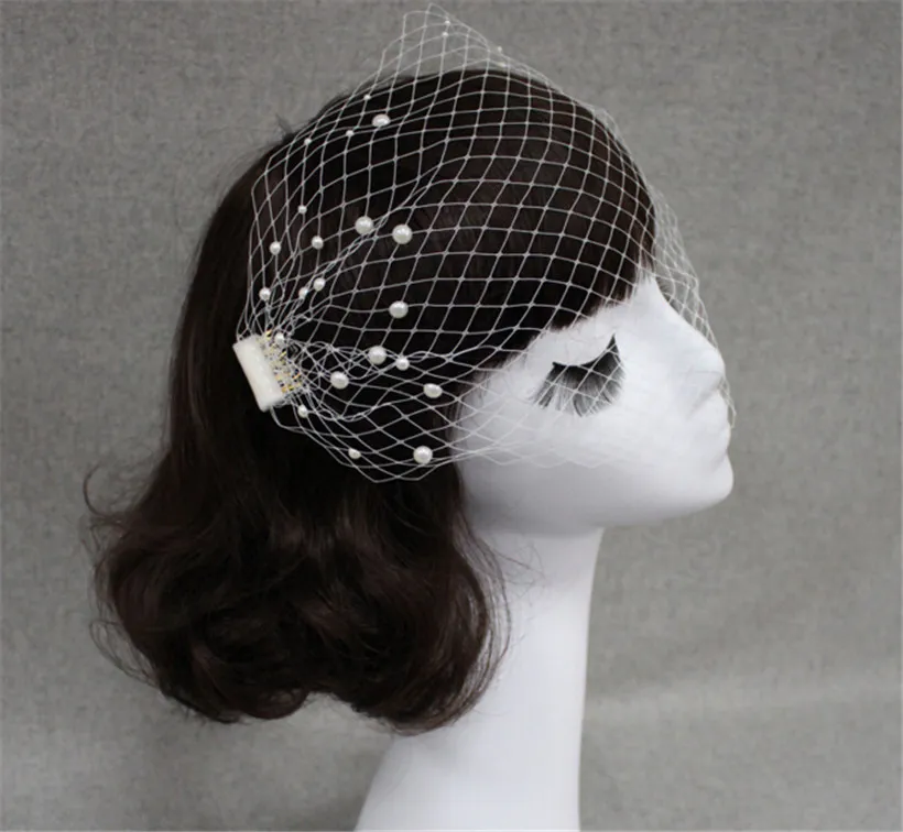 Vintage Wedding Bridal White Birdcage Veil Face Net Pearl Beaded Fascinator Comb Headdress Hair Accessories Headband Headdress Fac9999556
