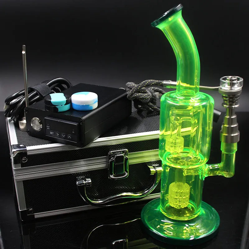 D Nail Kit med 6 i 1 Titanium / Quartz Hybrid Nail Heating Spole med fluorescerande grön färg Bong