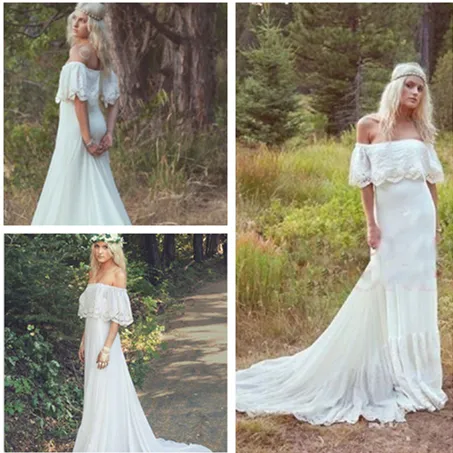 Romantic Boho Country Forest Wedding Dresses Chiffon Lace Wedding Gown Simple Bohemian Bridal Dress Off Shoulder Bridal Gowns Customize