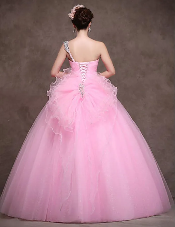 De alta qualidade um ombro tule vestido de baile quinceanera vestidos doce 15-16 princesa vestidos de doces rosa formal vestido de andar-comprimento