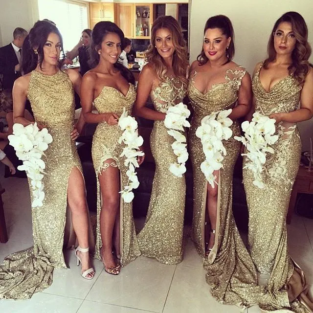 Gold Sequins Bling Bridesmaid Dresses Side Slits Sexy Back Sheath Long Vintage Wedding Maid of Honor Gowns Women's Prom Pageant Formal Wear