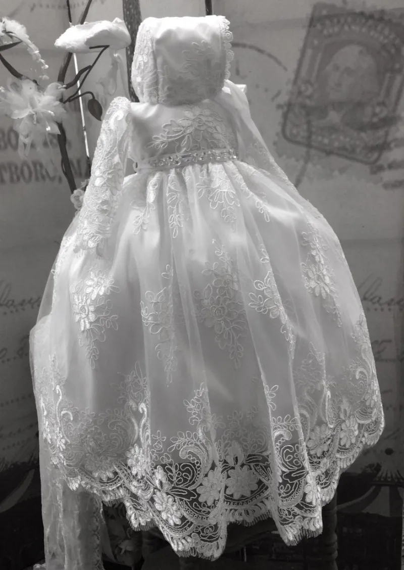 Robe de bal en dentelle bébé robe de baptême blanc tenues de baptême avec manches longues formel infantile fille première Communion avec Bonnet