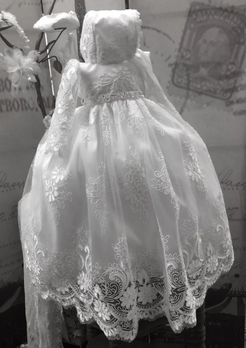 Robe de bal en dentelle pour bébé, tenue de baptême blanche, tenue de baptême formelle à manches longues, première Communion pour bébé fille avec Bonnet191S