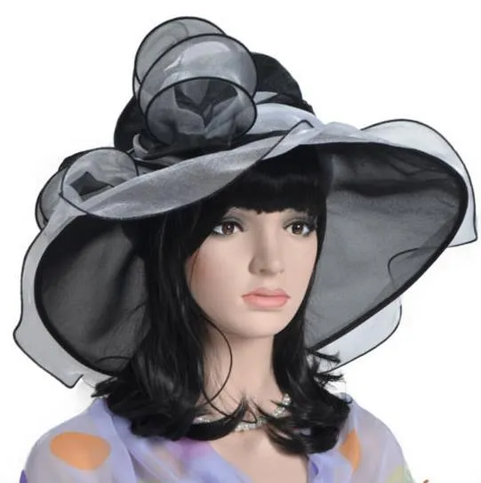 Kadın Fascinator Ilmek Oranza Gazlı Bez Şapka Kentucky Derby Kilisesi Akşam Elbise Şapka Kokteyl Parti Geniş Brim Gelin Düğün kap Güneş Şapka hediye