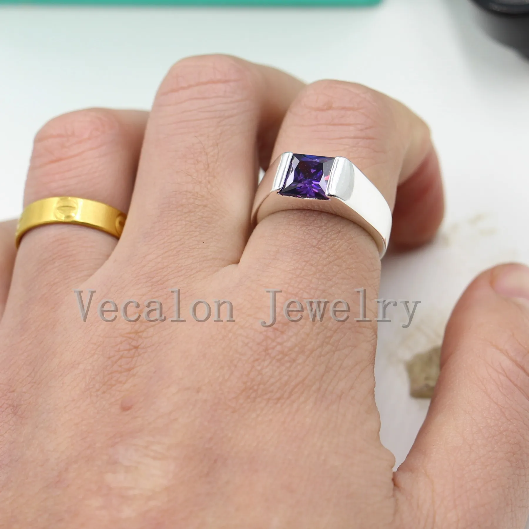 Vecalon Male Smycken Princess Cut 4ct Amethyst CZ 925 Sterling Silver Engagement Bröllop Band Ring för män SZ 8-12